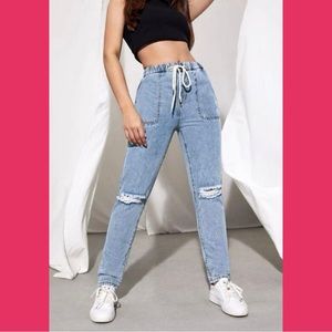 High Waist Drawstring Ripped Jeans